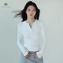スポーツ長袖Tシャツ【白・ヘンリーネック・秋冬用・修身デザイン】