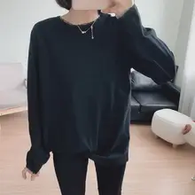 上品なラウンドネックレーストリムコットン長袖Tシャツ【ルーズフィット・中丈】
