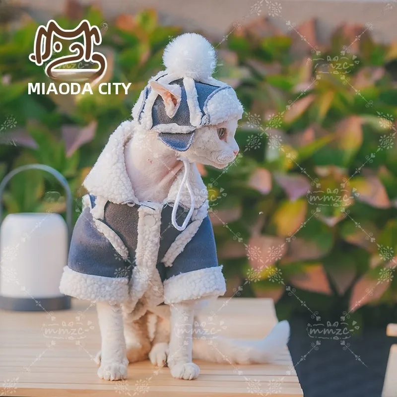無毛猫デザインの加厚フリースジャケット：長袖ラムウールで冬の寒さをしっかり防ぐ