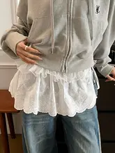 レース重ね着の上品な白いチュニック【デニムパンツとスカート併用】（セットアップ対応）