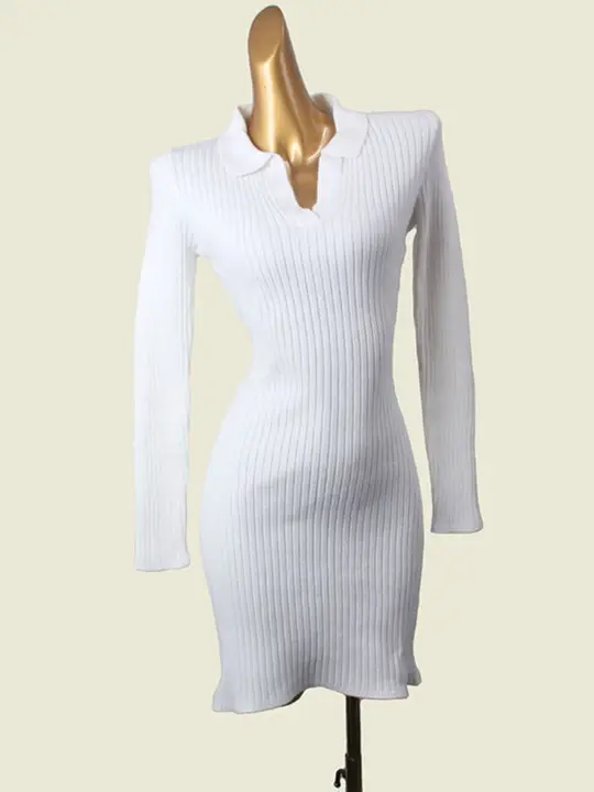 秋季シンプルポロ襟フィット＆ウエストシェイプニットワンピース【肘下袖・ストライプデザイン】（セットアップ対応）