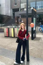 COOLLINE 濃厚なワインレッド Vネックニットセーター【秋向け・オールマッチ・伸縮性】