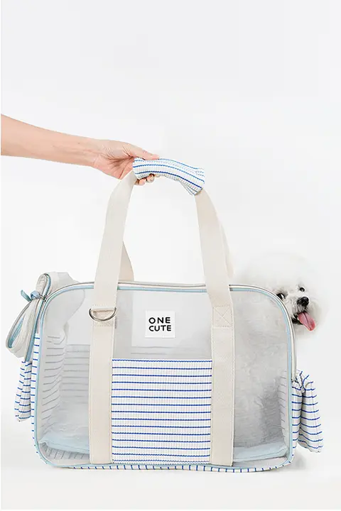 夏用ペット用通気性バッグ【青白ストライプ・肩掛け・手提げタイプ】