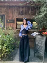 ストライプ切り替え長袖シャツとハイウエストワイドパンツ【秋冬用・トレンド女性ファッション】（セットアップ対応）