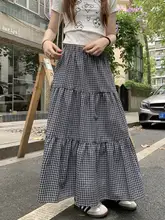 レトロなダークブルーチェックのケーキスカート【ウエストゴム・Aライン・春夏用】