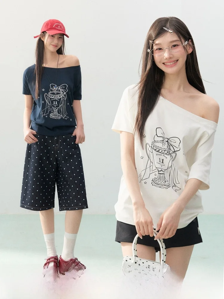 斜め肩デザインの夏用Tシャツ：韓式スタイルの宽松型デザインと通勤・校园シーンでの実用性