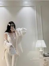 高級感ある毛糸編みVネックカーディガン＆レースキャミソール2点セット【ダイヤモンド装飾】