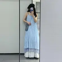 エレガントなブルーのキャミソールワンピース【夏用・リゾートスタイル・ロングドレス】（セッ  トアップ対応）