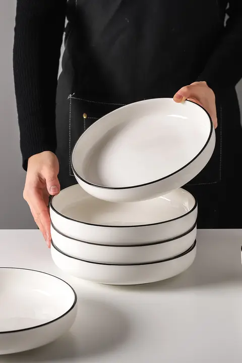 白色陶器の深皿【釉下彩・家庭用・炒め物・スープ用】