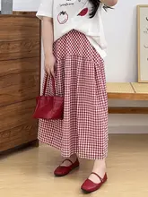 チェック柄ハイウエストAラインスカート【夏用・ゆったりサイズ・スリットデザイン】（セットアップ対応）