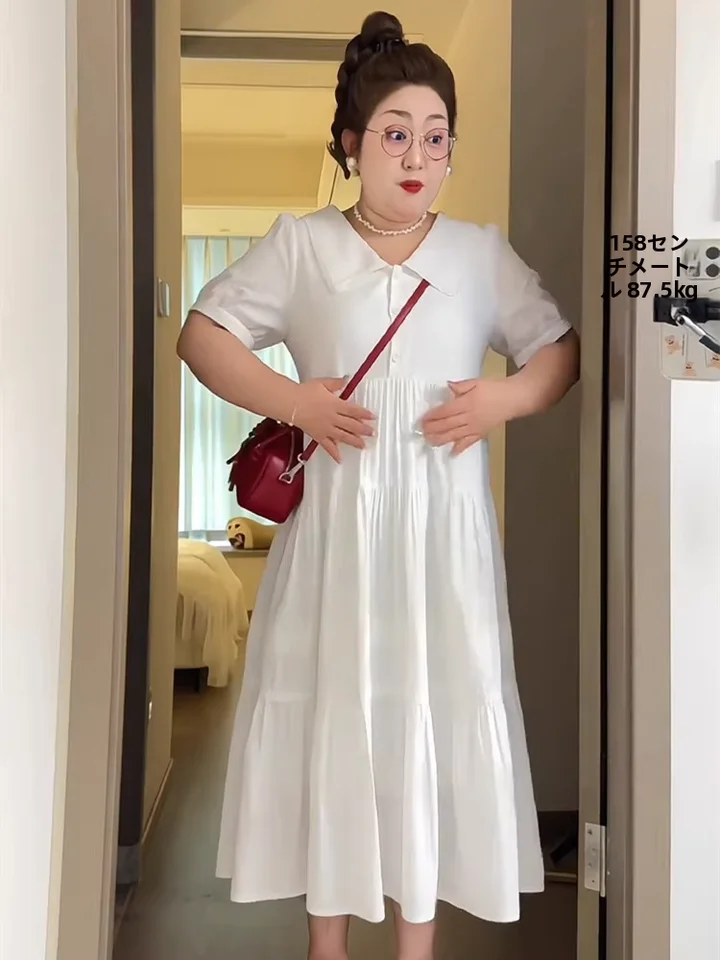夏用大きいサイズ フレンチスタイル ホワイトドレス【ウエスト絞り・中長丈・小柄対応】