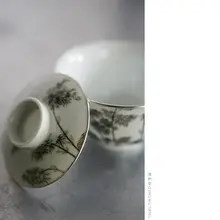 清物堂 手描き粉彩寿石墨竹蓋碗【ダブルリングシルバートリム・140cc・茶器】