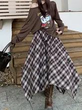 レトロカフェカラー不規則チェック柄ハイウエストAラインス カート【秋用・フレアデザイン・ミドル丈】（セットアップ対応）
