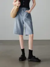 高腰デニムショートパンツ【女性用・薄手・フィット・フレアデザイン】（セットアップ対応）