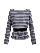 デザイン性に優れたストライプのオフショルダートップス【ウエストベルト付き・長袖・秋用】