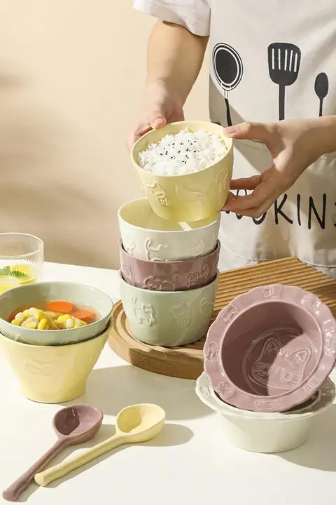 子供用 ボウル 可愛い 浮彫 陶器 ご飯 ボウル サラダ オートミール 朝食 小ボウル