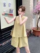 背面透かしデザインのイエロータンクトップとショートパンツ【夏用・カジュアル・小柄対応】（セットアップ対応）