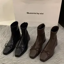 粗いヒールのスクエアトゥ黒マーチンブーツ【秋冬用・加绒・ショートブーツ・女性用】