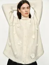 立体花柄のホワイトニットカーディガン【ウールとモヘア使用・秋冬用・手編み】