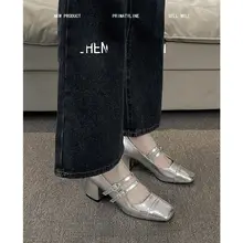 羊皮製 マリージェン ハイヒール【春秋用・スクエアトゥ・中ヒール・シルバー】