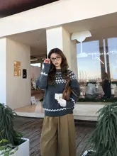 秋冬用 レトロ フェアアイル柄 クルーネックワイドニット【カラーブロックデザイン・フィット】
