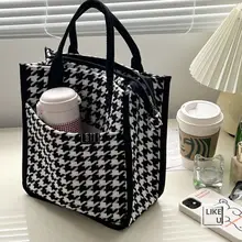 千鳥格デザインの手提げトートバッグ【学生用・お弁当・化粧品収納・キャンバス製】