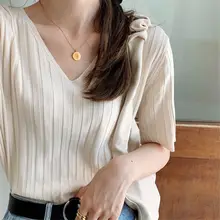 夏用 薄手のアイスシルクTシャツ【ストライプ・Vネック・ゆったりサイズ】