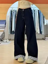 デザイン性のあるブルーカフ付きデニムパンツ【レディース・梨型体型・格子柄・ストレート】（セットアップ対応）