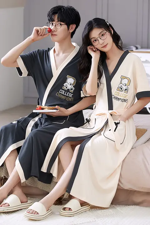 男女兼用 夏用コットン製 バスローブ【短袖・カジュアルデザイン】（セットアップ対応）