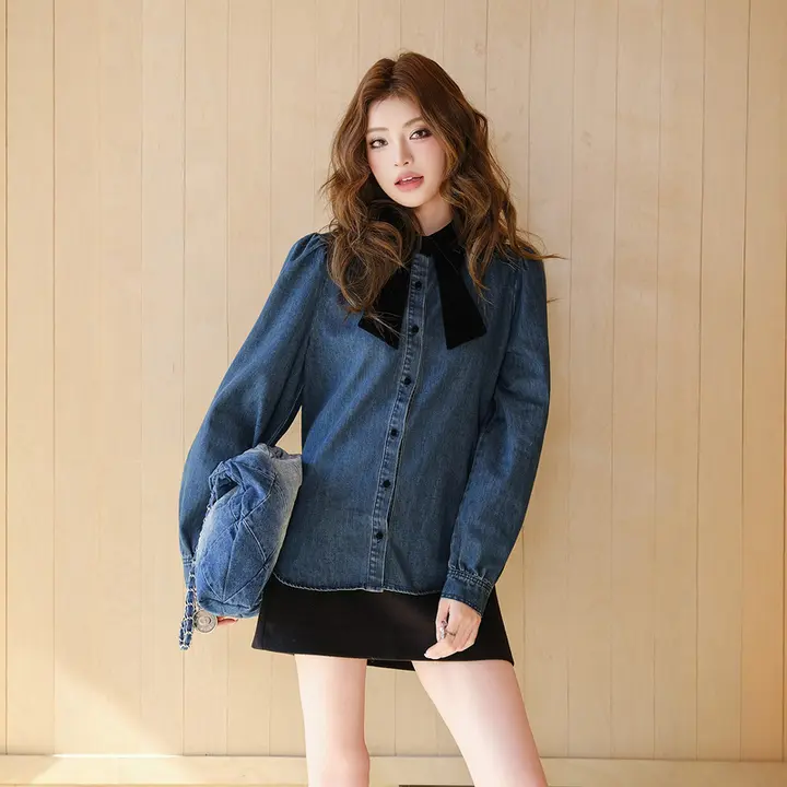 レトロなベルベット装飾の洗い加工デニムシャツ【バルーンスリーブ・カジュアル・女性用】