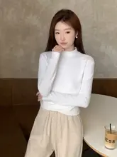 全棉長袖ハイネックTシャツ【リブニット・スリムフィット・白・黒】