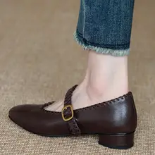 柔らかい羊革製 マリージェーンシューズ【編み込み・ラウンドトゥ・中ヒール・通勤用】