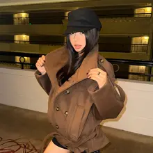 ウール ショートコート レディース アメカジ ヴィンテージ スタンドカラー ダブルブレステッド ウエストリボン きれいめ 秋冬
