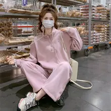 春秋用カジュアルレースフリルピンクスウェットシャツ＆パンツ