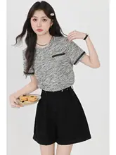 グレーの半袖ニットTシャツ【ラウンドネック・レディース・滑らかな肌触り】