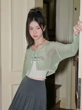 夏用 薄手ニットカーディガン【透かし編み・ショート丈・UVカット】