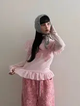 フリル付きメッシュデザインの長袖Tシャツ【リボンプリント・春用】（セットアップ対応）