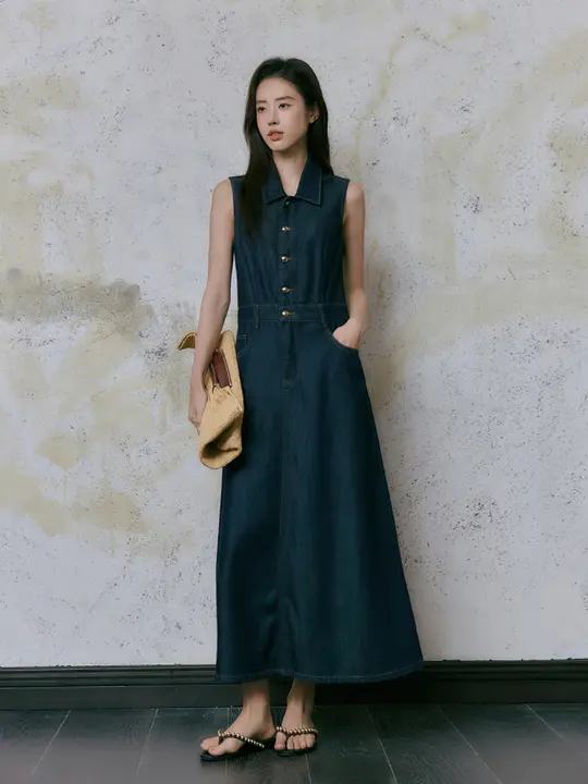 レトロウォッシュシルクデニムAラインスリーブレスロングワンピース【スリムフィット・女性用】