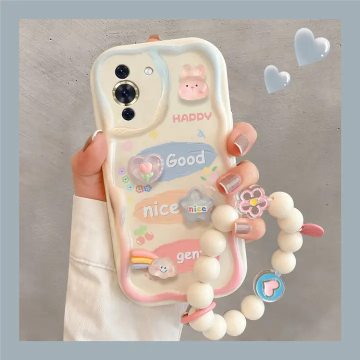 華为nova10用スマートフォンケース【防水・3Dデザイン・うさぎとクマのイラスト・チェーン付き】