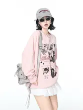 春秋用 プリント入りカジュアルスウェットシャツ【ピンク・ルーズフィット・クルーネック】