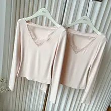 POPW レース切替長袖トップス【柔らかい生地・プレーン・カジュアル】