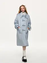 冬季水色の磨毛仕立て ボウタイデザインの中長丈高級ウールコート