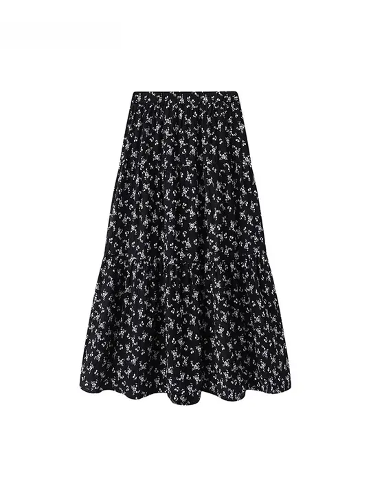 黒いフラワープリントのシフォンハイウエストAラインロングスカート【春用】