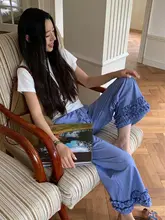 リボン付きギャザーサイドチェック柄ストレートパンツ【通勤向け・ゆったりフィット】（セットアップ対応）