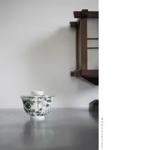 清物堂 手描き粉彩寿石墨竹蓋碗【ダブルリングシルバートリム・140cc・茶器】