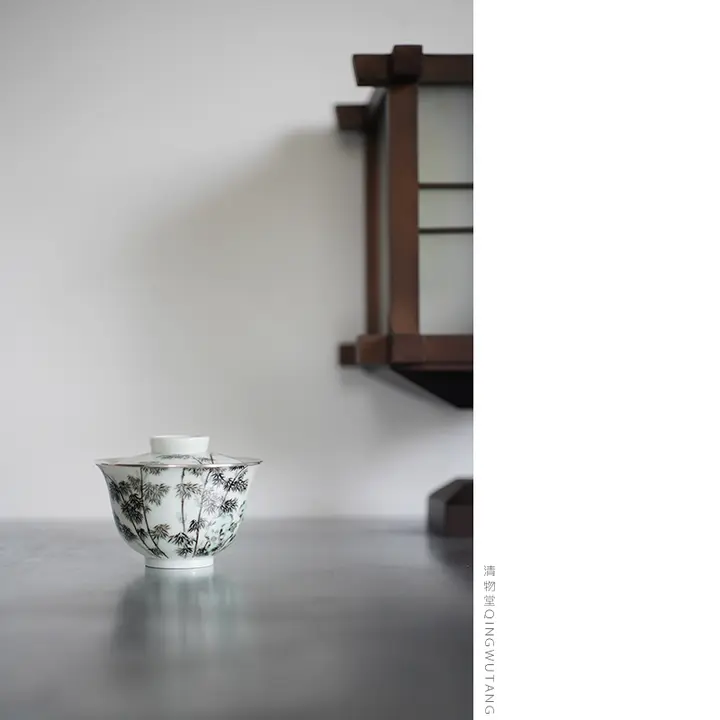 清物堂 手描き粉彩寿石墨竹蓋碗【ダブルリングシルバートリム・140cc・茶器】