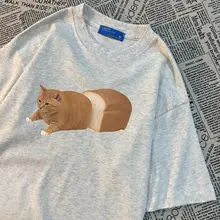 アメリカンレトロ風パン小猫プリントTシャツ【男女兼用・ゆったりサイズ・半袖】