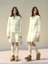 温かみのあるファブリックのグレー＆米白色レトロフェアアイルニットレッグウォーマー