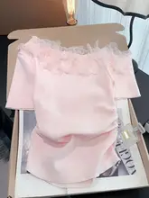 レース切替ワンショルダーアイスシルクニットトップス【夏用・ウエストシェイプ・ショート丈】（セットアップ対応）