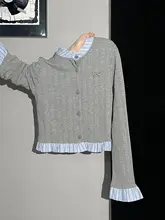 長袖Tシャツとリボン刺繍カーディガンの重ね着風ジャケット【スリムフィット・女性用】（セットアップ対応）